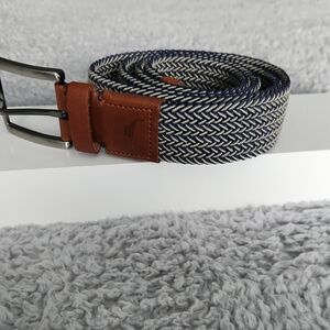 Tommy Bahama Woven Stretch Belt Navy/Beige Braid Leather Trim Men’s Size L/XL